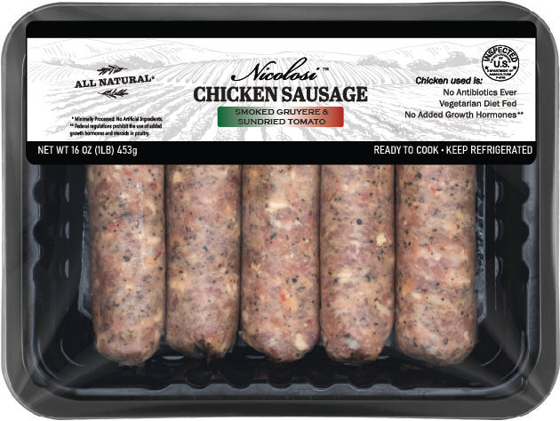Nicolosi's ABF Smoked Gruyere & Sun-Dried Tomato Chicken Sausage - Nicolosi Foods