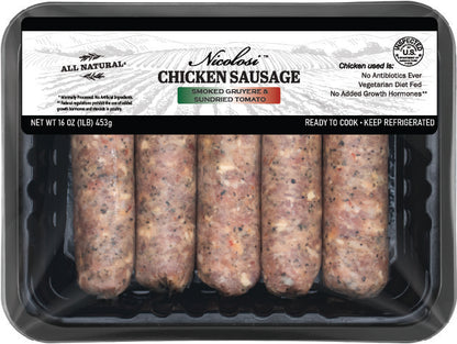 Nicolosi's ABF Smoked Gruyere & Sun-Dried Tomato Chicken Sausage - Nicolosi Foods